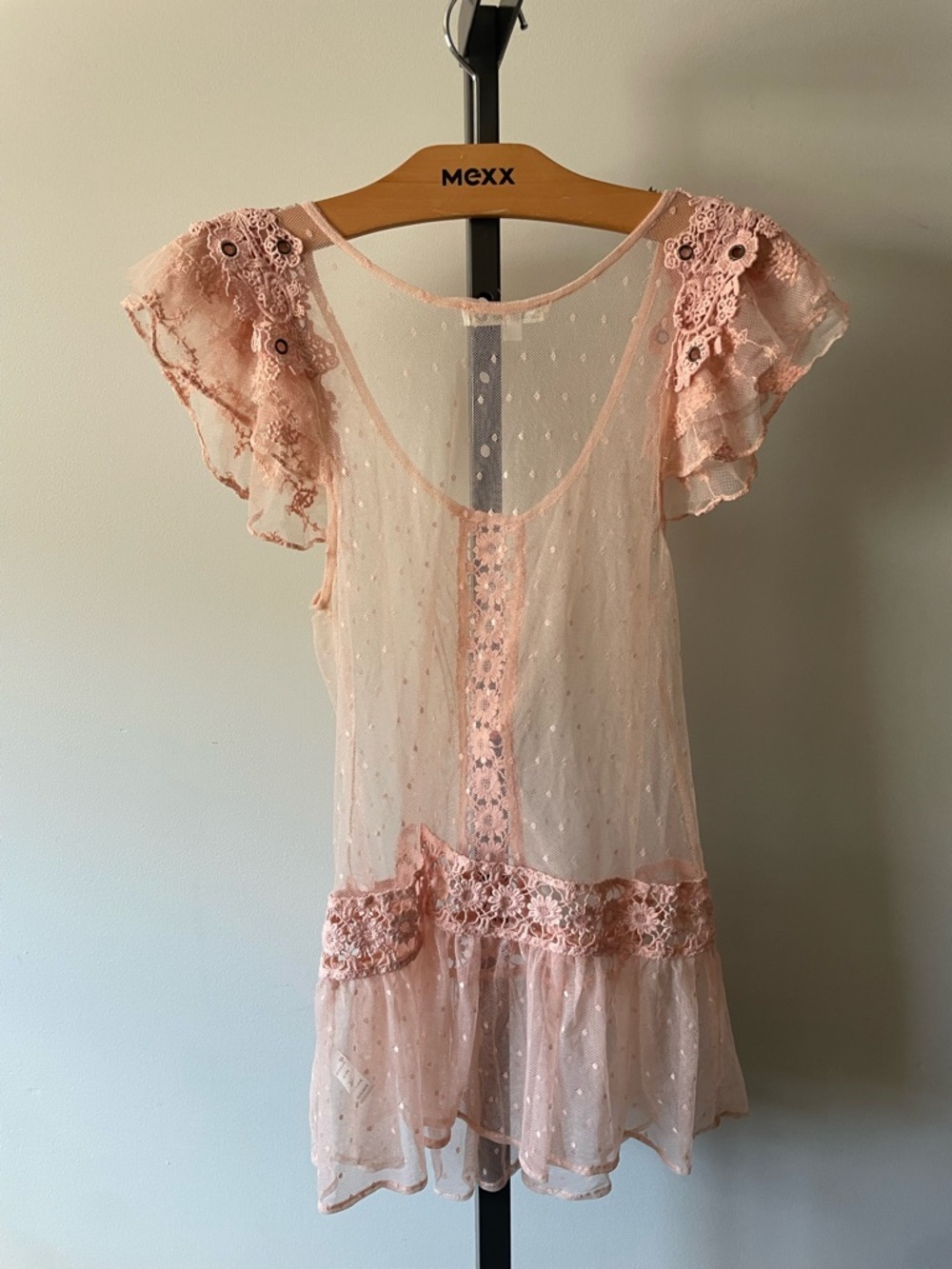Double Zero Lace Crochet Pink Cotton Swiss Dot Peplum Top Boho Coquette Sheer - Picture 2 of 8